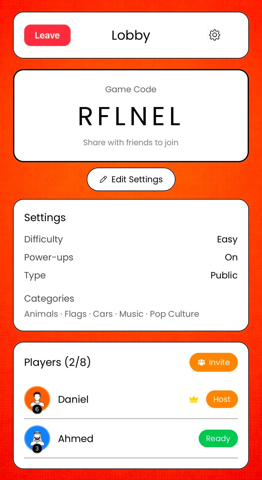 Rally Online lobby with game code, settings, players, and start button