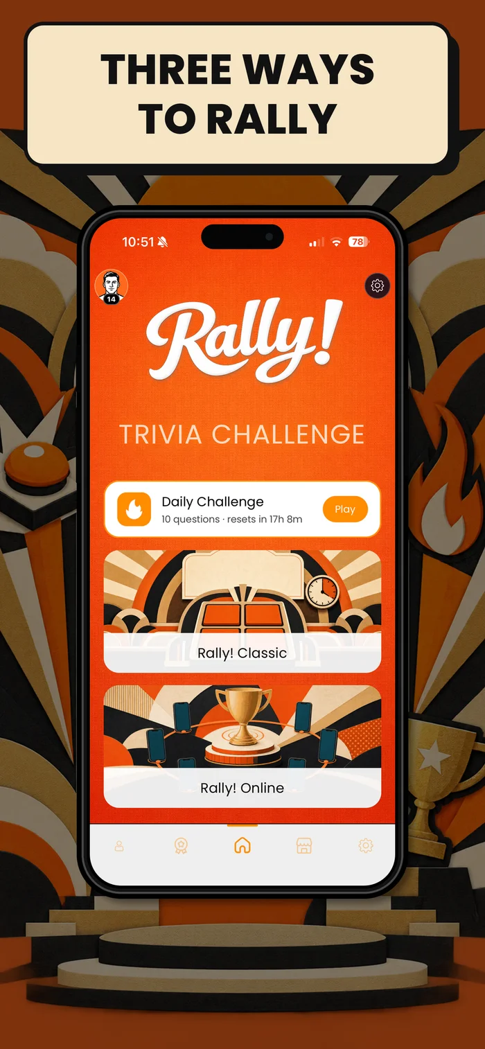 Three ways to Rally: Classic, Online, and Daily Challenge on the home screen